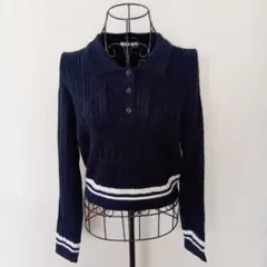 GU　ケーブル柄　長袖　ニット　ポロセーター　ネイビー