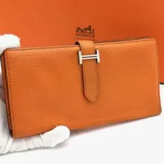エルメス 二つ折り長財布 ベアンスフレ シェーブルミゾル オレンジ シルバー金具