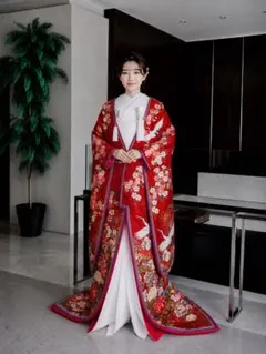 アンティーク 引き振袖 お引きずり 朱赤 扇面 吉祥花 身丈162.5cm 正絹