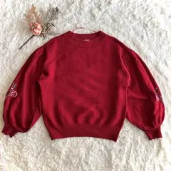 ジーユー　花柄刺繍　ニットセーター　レッド　S かわいい