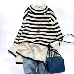 美品 human woman ヒューマンウーマン 畦ボーダーチュニックニット近年