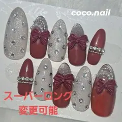 【No.18】ネイルチップ　リボンネイル　フラッシュネイル　　赤　派手ネイル