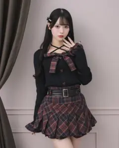 pium チェックレイヤードリボンニットトップス プリーツスカート セットアップ