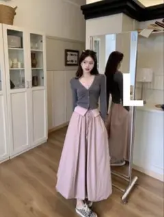 セットアップ　バルーンスカート　リブカーディガン　ガーリー　ピンク×グレー