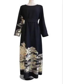 留袖ワンピース　留袖ドレス　着物リメイクロングワンピース　ハンドメイド　黒留袖