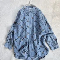 ニコアンド ケイタマルヤマ コラボ デニム総刺繍シャツ ブルー L ダンガリー