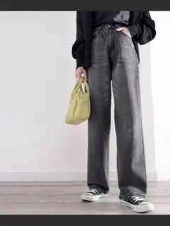 ゆったりハイウエストワイドストレート無地デニム＆チノカラーパンツ グレー