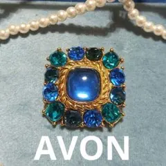 ヴィンテージ AVON ガラスブローチ サファイヤカラー スクエア エイボン