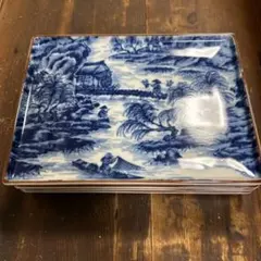 希少　前畑陶器　庫山窯　染付山水画　角皿５枚　大きめな四角皿　角皿　お正月