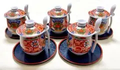有田焼　林斎窯　染錦花柄　長筒茶碗蒸し器＆受盆＆スプーン5客　バラエティーセットのサムネイル