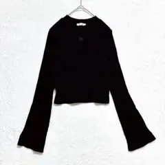 ダブルクローゼット ロゴ刺繍 リブカットソー ハイネック F 黒 フレアスリーブ
