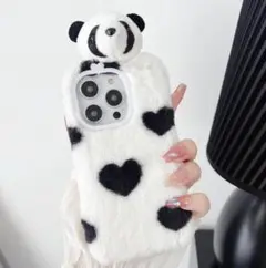 iPhone15 ハート パンダ モコモコ スマホカバー アニマル ケース 白