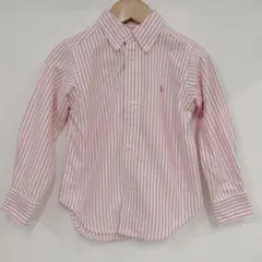 Ralph Lauren ポロ刺繍入り 長袖シャツ 2T ピンク×白