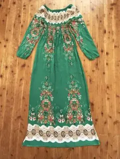 古着ヴィンテージ 長袖ロングワンピース グリーン M