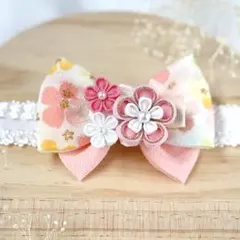 ひな祭り　2wayベビーヘアバンド　ちりめんリボン×つまみ細工　初節句　オレンジ