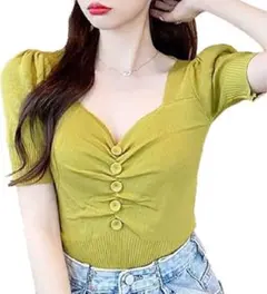 1点限り♡ マスタード 半袖ニット ボタン付き おしゃれ 可愛い