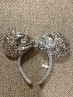 シルバー スパンコール リボン付きミッキー耳カチューシャ