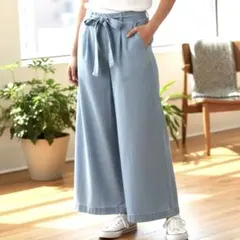 【美品】GLACIER ベルトデニム ワイドガウチョパンツ M スカイブルー薄手