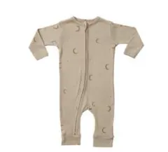 月柄 ロンパース クリーム色 長袖 ファスナー 前開き フラワー ジッパー リブ