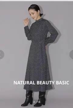 NATURAL BEAUTY BASIC キカドットプリントワンピースネイビーM