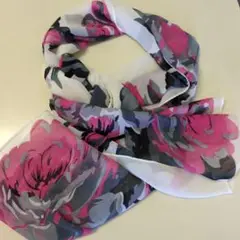 花柄シフォン スカーフ ピンク グレー