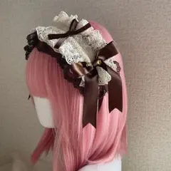 ブラウン×アイボリー レースリボン クラロリ ヘッドドレス