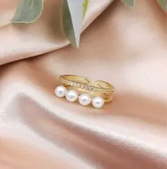 【即日〜翌日発送】2連パールリング　重ね付け風　フリー　ゴールド　上品　*r8