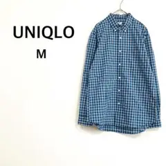 【ユニクロ】長袖シャツ (M) ブルー チェック ブロード ボタンダウン 美品