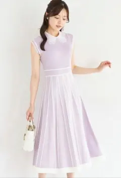 ２ＷＡＹフラワーレース襟付き配色ラインプリーツニットワンピース　ラベンダー