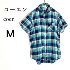 コーエン チェック柄 半袖シャツ M ターコイズブルー系 麻綿混 涼しい 春夏のサムネイル