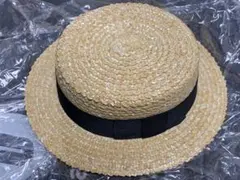 日本製 ベージュ 麦わら帽子 黒リボン