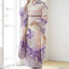 振袖セット　正絹　振袖　駒刺繍　絞り　草花文　やまと誂製　袋帯　唐織　銀糸　紫