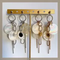 ③天然シェル×メタル ハンドメイドピアス イヤリング チェーン 大ぶり