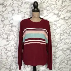 AMERICAN EAGLE　（L）　ざっくり編みボーダーニットセーター　えんじのサムネイル