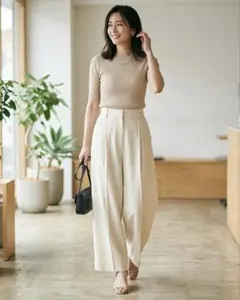 G6502*クリーコンフォルト☆ワイドパンツ☆ベージュ☆麻混☆センタープレス☆Ｍ