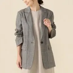 2022 美品 リネン ウール チェック テーラードジャケット ナイロン グレー