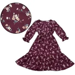 【美品】エニィスィス　ワンピース　小花柄　S ワインレッド　ギャザー　Ｖネック