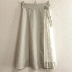 美品 s0524【レイカズン】ベルト付きレースプリーツ切り替えスカート ミモレ丈