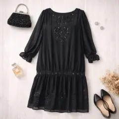 新品タグ付 花モチーフ 黒ビーズ刺繍チュールワンピ 上品 ひざ丈 M 7分袖