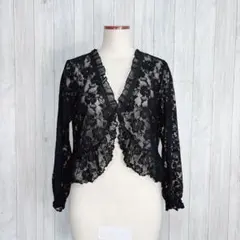 【RosaDeco】長袖 総レースカーディガン 羽織り フリル オケージョン 黒