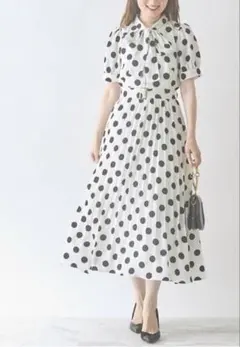 トッコクローゼット ベルト付きボウタイリボンポルカドットワンピース 白