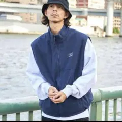 リバーシブルナイロンベスト / 刺繍 フルジップ ドローコード　ネイビー　M