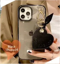 スマホケース　iPhoneケース　ハート　チャーム　iPhone14 ブラック