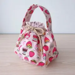 ネコいちご(ピンク)　おくたごんきんちゃく保温保冷　おにぎりポーチ　巾着