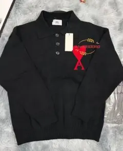 新品 Amiparis ハートA刺繍ポロニットブラック M2