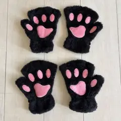 猫の手 肉球 デザイン 手袋 ブラック コスプレ パーティ　　2セット