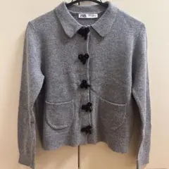 ZARA リボンボタンニット カーディガン　グレー