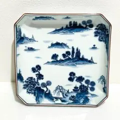 ⭐️ 美濃焼 庫山窯 染付 山水文 角大皿【 25 × 25cm 】美品 ⭐️