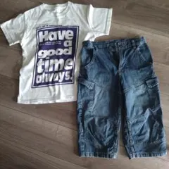 2点☆デニム カーゴパンツ 複数ポケット・半袖Tシヤツ