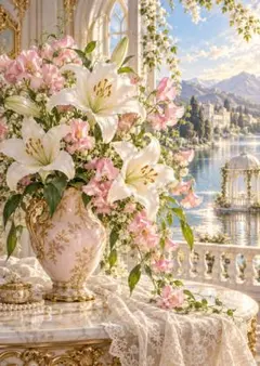 アートポスター 百合 花瓶 湖畔 風景画 インテリア